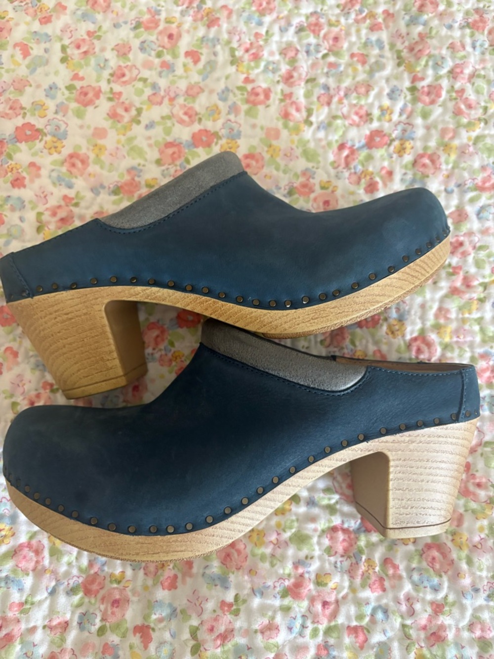 Dansko Blue Leather Slip-On Clogs with Wood-Look Heel